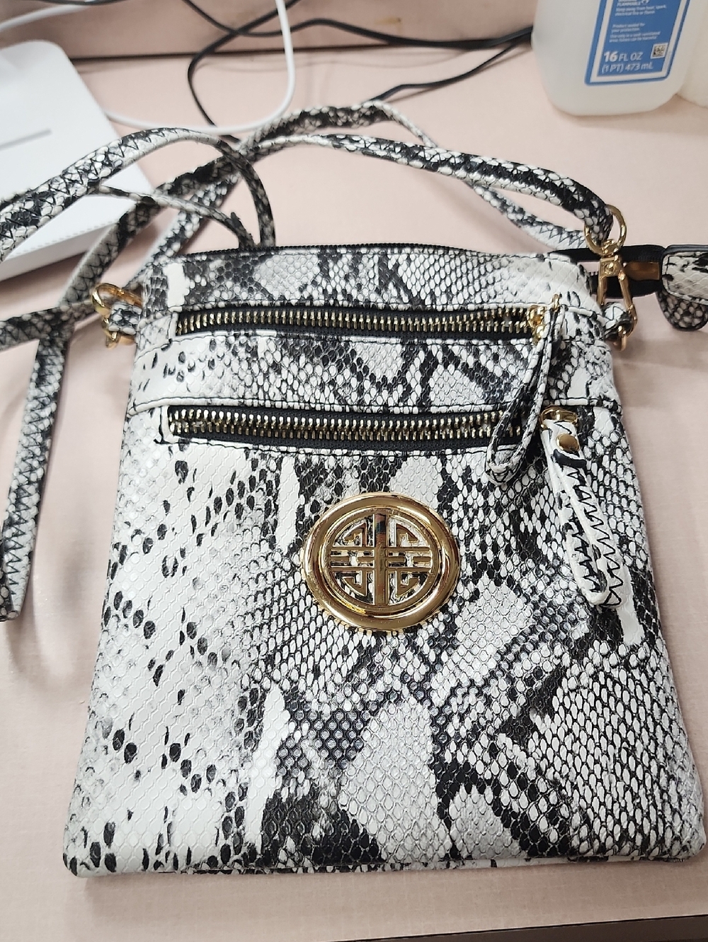 White & Black Snake-Print Crossbody Bag with Gold Emblem